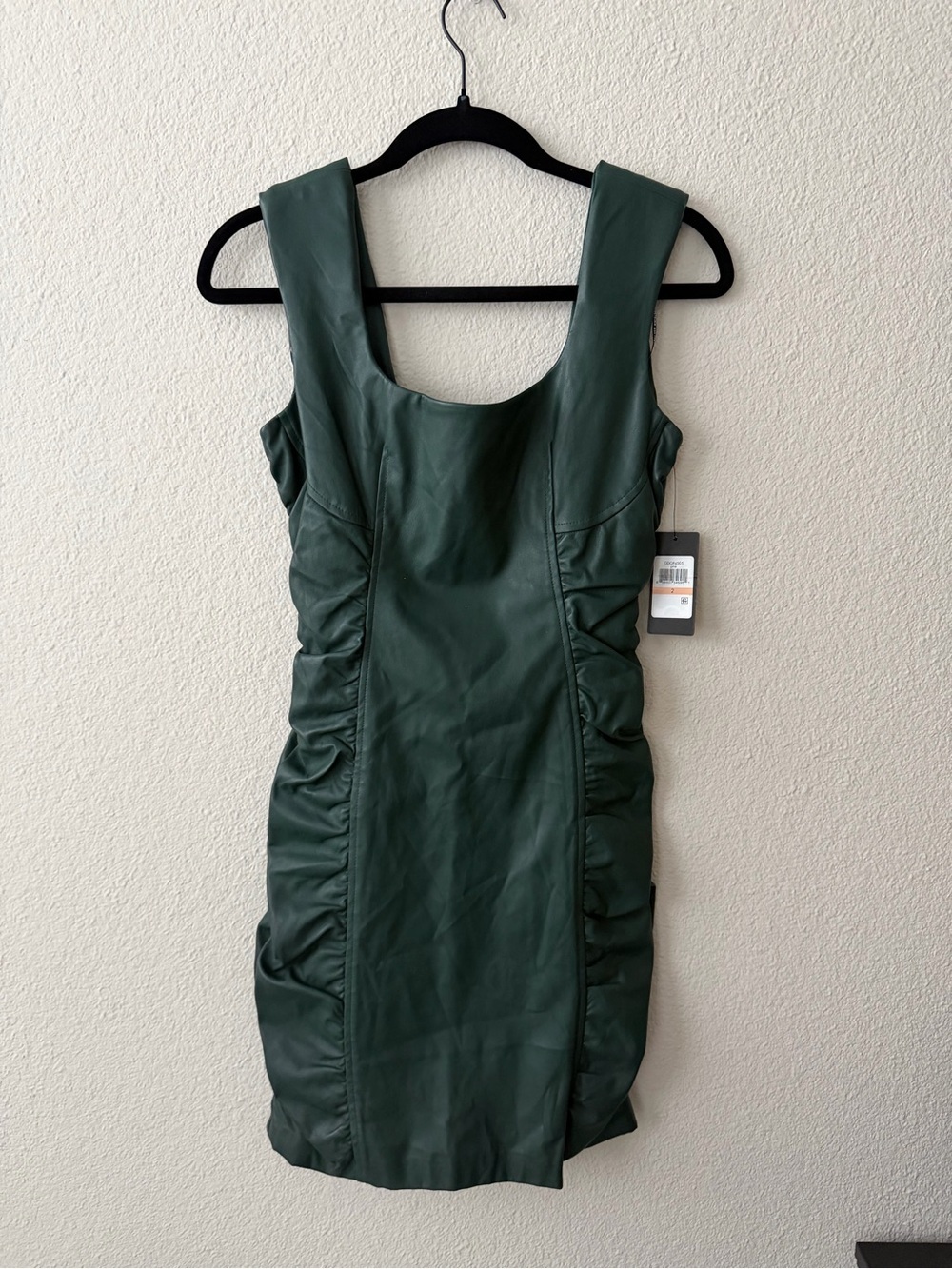 NWT GUESS Faux-Leather Side-Ruched Mini Dress | Pine Green
